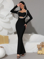 Nouvelles Robes Moulantes et Sexy de Soirée Cocktail à Manches Longues Noires, Creuses, Ornées de Diamants, pour Femme, Été