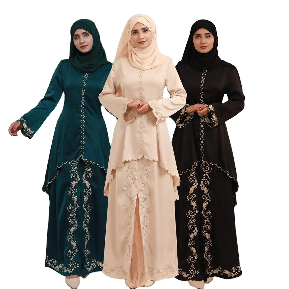 2 Pieces Skirt dress Set Malaysia Traditional Baju Kurung Embroidery Abaya Khimar Hijab Abaya moroccan