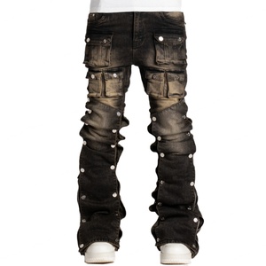 Pantalon cargo en jean pour homme, coupe bootcut, coupe skinny, effet délavé soleil, délavé à l'acide, effet vieilli, avec logo de marque personnalisé, style empilé - Product Image 4