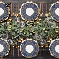 Service de vaisselle en porcelaine fine traditionnelle orientale, motif bleu à carreaux et incrustations dorées, fait main, écologique, pour dîner et cadeaux