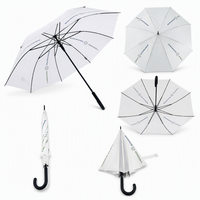 Parapluie droit automatique à 8 baleines, blanc, avec logo personnalisé, poignée en J courbée noire, longue tige, pour publicité d'entreprise, exposition et salon professionnel
