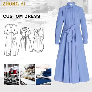 2024 Autumn Fashion Clothing Manufacturers Custom New Sale V Neck Sky Blue Simple Long Sleeve Summer Women Casual Midi Dresses