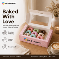 Boîtes à fenêtre personnalisées écologiques à pois pour la vente en gros, boîtes de présentation pour donuts, boîtes cadeaux à pois roses pour cadeaux de boulangerie
