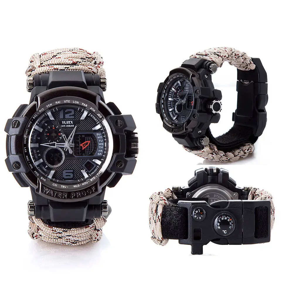 Multifunctional Outdoor Gear Emergency Survival Bracelet Watch with Whistle Fire Starter Scraper Compass Thermometer