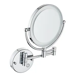 Lighted Wall Mount Makeup Mirror 1X 10X Magnifier Adjustable Double Sided Round LED Extend Retractable Folding Arm Compact