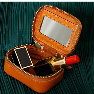 Mini batom de couro legítimo para maquiagem, batom com bolsa para cosméticos, maquiagem com espelho, bolsa ou pochete, 2021