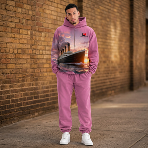 Men <b>Pink</b> Hooded Tracksuit Full Length Regular Fit Solid Casual Streetwear Breathable 100% Cotton Lightweight <b>Sweatshirt</b> Side - Product Image 2