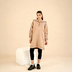 Oversized Half <b>Zip</b> <b>Hooded</b> Pocket Fleece Sweatshirt Dress Beige Black Long Length Casual Regular Sleeve Unisex Autumn Wear - Product Image 1
