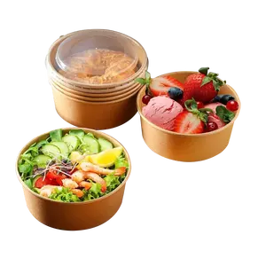 Disposable Round Paper Bowl Heatable Kraft Waterproof Kraft Paper Food Packaging Box Salad Poke Bowl