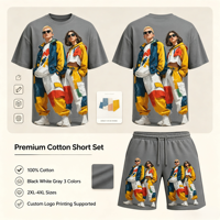 Ensemble deux pièces en coton pour homme : T-shirt et short ample à taille élastique – Grandes tailles 2XL-4XL – Impression de logo personnalisée disponible