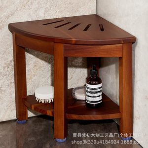 Brahma Wooden Bathroom Stool With Storage Shelf <b>Corner</b> Shower Footrest <b>Bench</b> Brown - Product Image 3