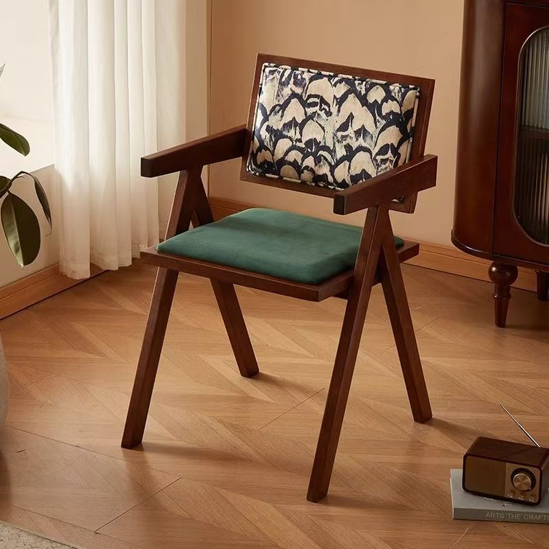 Structure couleur noyer, dossier en plumes, coussin d'assise en velours vert foncé