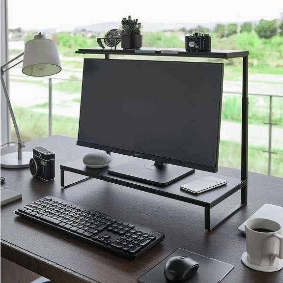 Standing Type Double-Tier Height Adjustable Carbon Steel Monitor Stand Riser Storage Organizer Japanese-Korean Style for Living