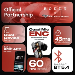 Boult X Mustang 60H 20 heures d'autonomie de la batterie IPX5 Étanche Chargement de type C Prise en charge de l'application Jumelage double 4 microphones ENC 45 ms Faible latence - Product Image 2