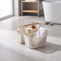 Panier pratique en plastique WONFUN avec poignée en bois, double panier pour le rangement de la salle de bain, organisation écologique, multifonctionnel