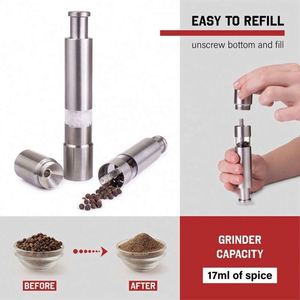 Mini Stainless-Steel One-Handed Thumb Push Button Spice Mill Salt and <b>Pepper</b> <b>Grinder</b> Set with Stand for BBQ - Product Image 6