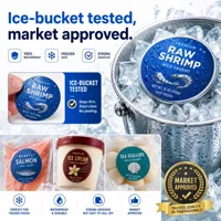 Étiquettes alimentaires holographiques durables YSB testées pour les seaux à glace |   Autocollants en vinyle imperméables personnalisés |   Pour les produits de la mer surgelés, la crème glacée et les en-cas