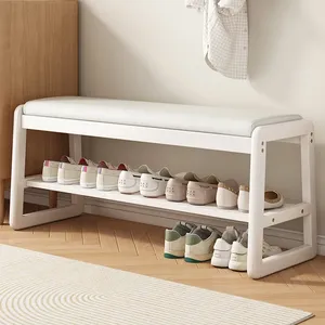 Taburete para Cambiar Zapatos Tejido Teng para Entrada/Puerta de Casa, Almacenamiento Multicapa, Estantes Abiertos, Diseño Rectangular de Madera Maciza - Product Image 4