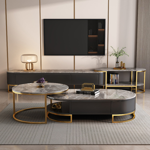 Ensemble Table Basse et Meuble <span class=keywords><strong>TV</strong></span> Modhomi Luxe Moderne, Plateau en Pierre Frittée, Combinaison Extensible - Product Image 3