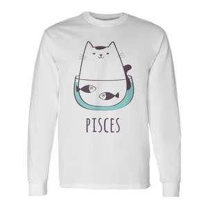 Camiseta de manga larga con diseño de gato del zodiaco Piscis, diseño felino lindo - Product Image 1