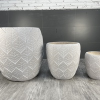 Ensemble de jardinières en béton modernes, motif de feuilles sculptées à la main, pots de fleurs de jardin extérieurs, style minimaliste, blanc, trois tailles