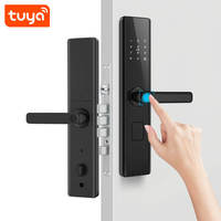 Serrure intelligente électronique WIFI Tuya en acier au carbone et alliage d'aluminium, accès par empreinte digitale, carte-clé, poignée de porte en bois, serrure intelligente