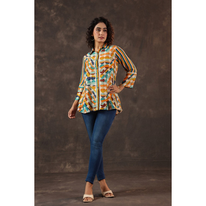 Camisa tipo túnica con estampado geométrico abstracto, cierre de botones, corte holgado, manga larga, blusa de moda contemporánea para mujer - Product Image 1
