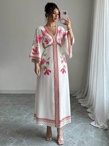 ชุดเดรสลำลองผู้หญิงแบบสั่งตัด ผ้าทอ 100% คอตตอน ระบายอากาศได้ดี ทรงปกติ เอวธรรมชาติ สำหรับฤดูใบไม้ร่วง คอตั้ง แขนสั้น ยาวแบบแม็กซี่ - Product Image 2