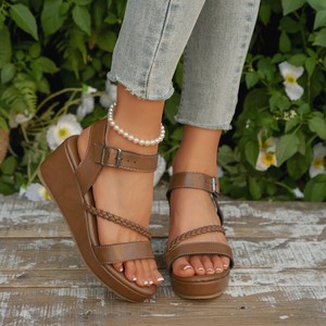 Women Summer Woven European and American Style Wedge <b>Sandals</b> New Thick Sole Platform Buckle <b>Sandals</b> - Product Image 3