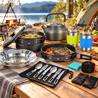 Ensemble de cuisine de camping en aluminium anodisé, poêle, casserole, théière, tasse avec manches en silicone pour la randonnée et les pique-niques