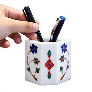 Porte-stylo en marbre blanc avec fleurs incrustées, support de stylo de bureau, organisateur de papeterie décoratif pour le bureau et la maison - Product Image 1