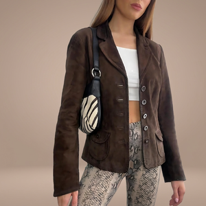 Blazer d'hiver pour femme en peau de mouton véritable, double boutonnage, vert automne, en daim uni, coupe-vent, boutons en soie - Product Image 3