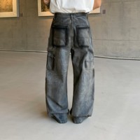 Jean en denim pour homme, coupe ample, jambe large, double pli au genou, délavé gris, déchiré, style streetwear, vintage