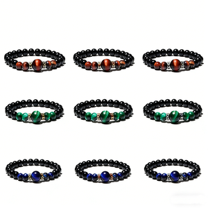 <span class=keywords><strong>Bracciale</strong></span> Trendy con Perle Distanziatrici in <span class=keywords><strong>Ossidiana</strong></span> <span class=keywords><strong>Nera</strong></span> da 8mm, Occhio di Tigre e Strass, con Ciondolo in Agata per Coppie - Product Image 2