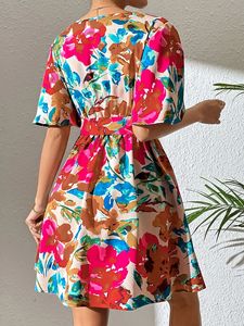 Conjuntos de Vestidos Personalizados para Mujer, Traje de Baño de Verano para Vacaciones en la Playa, Chifón Floral, Cintura Alta, Cuello en V, Casual, Línea A, Manga Corta, Midi - Product Image 6