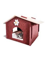 Maison pour chat en feutre de laine détachable bicolore rouge vin et beige avec décoration florale marguerite blanche, lit-cave pliable en feutre pour animaux de compagnie