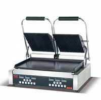 Grill de contact électrique professionnel double plaque pour panini, version électronique, en acier inoxydable, avec surface rainurée et partie inférieure plate