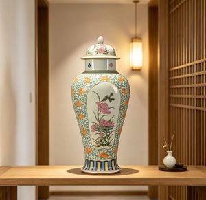 Vaso Antico da Collezione in Porcellana Cantonese Famille Rose con Motivo a Spirale <span class=keywords><strong>Turchese</strong></span>, Finestra Aperta e Fiore di Loto, Vaso per Zenzero con Coperchio - Product Image 4