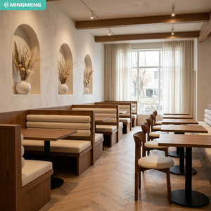 Solution complète de sièges pour restaurant commercial : banquettes sur mesure, table carrée et chaises en bois pour café - Product Image 1