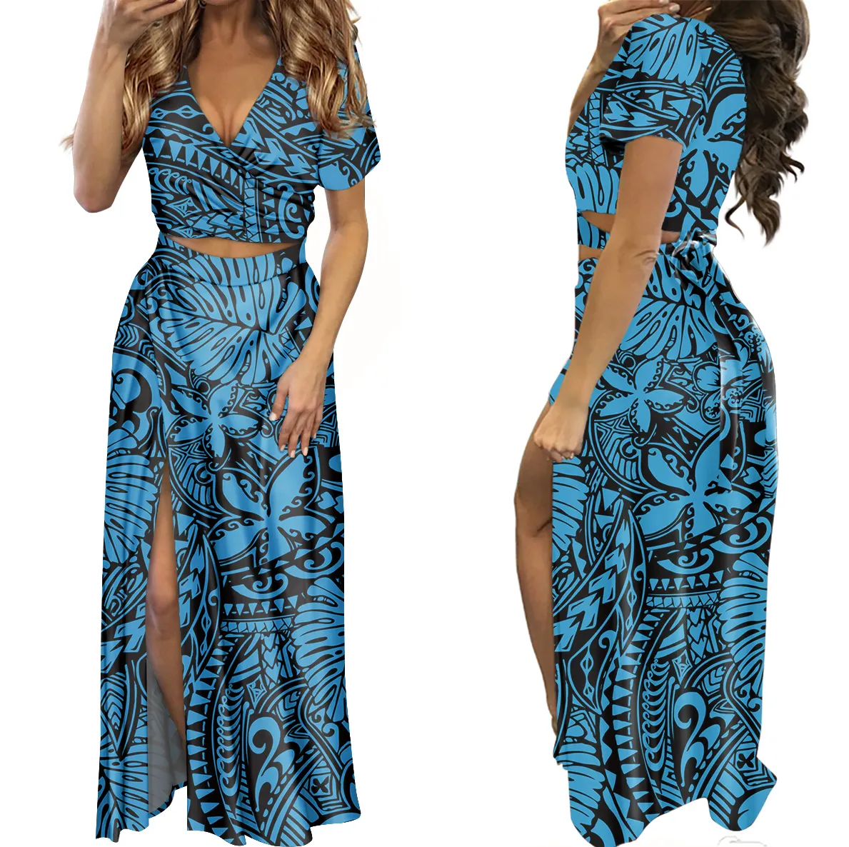 매력적인 블루 폴리네시아 부족 꽃 하와이 스타일 대형 V-neck 반소매 슬림 섹시 레이디 캐주얼 긴 분할 드레스