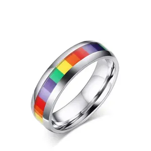 6毫米不锈钢搪瓷彩虹LGBT骄傲戒指女同性恋同性恋戒指结婚订婚乐队
