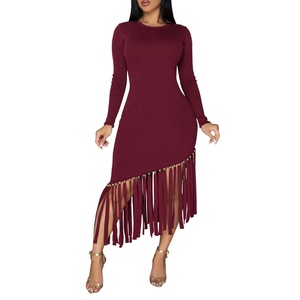 Vestidos de Moda para Mujer, Ajustados, de Color Sólido, Manga Larga, Cuello Redondo, con Flecos en el Bajo - Product Image 3