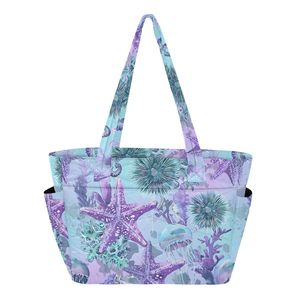 Bolso Tote para Mujer, Serie Océano, Morado/Azul, Bolso de Hombro Estampado, Bolsos de Mano de Gran Capacidad para Mujer - Product Image 1