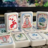 Jeu de tuiles de mahjong américain Zen Lotus Guan Yin, 160 pièces en acrylique, gravées en bambou de prune, avec tapis cadeau