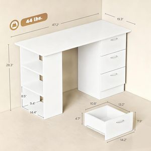 Bureau d'ordinateur moderne blanc SENYU avec 3 tiroirs et étagères ouvertes pour poste de travail à domicile - Product Image 2