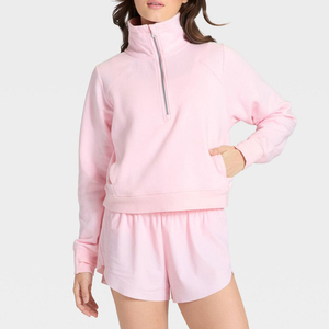 Tùy Chỉnh In Màu Hồng Rắn Màu Sắc Mùa Đông/Mùa Thu Áo Thun Gân Còng Hemline Đứng Cổ Áo Đầy Đủ Zip Áo Cho Phụ Nữ Thể Thao - Product Image 1