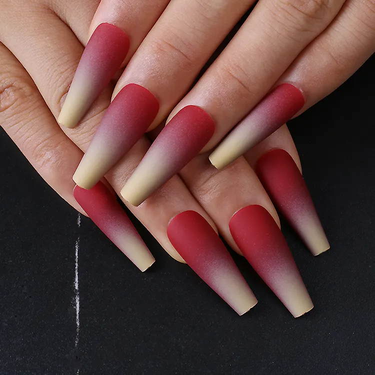 Long coffin-shaped frosted spray-like fine particles look good false nails impress acrylic false nails