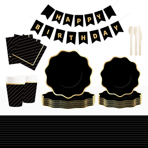 DAMAI - Juego de Vajilla Desechable de Papel con Estampado en Caliente Negro para Fiestas de Cumpleaños, Incluye Platos, Vasos y Servilletas - Product Image 2