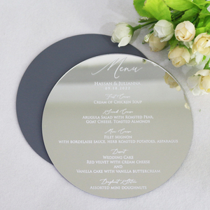 Círculo personalizado redondo plata espejo acrílico menú tarjetas blanco lámina impresión lujo DIY boda cena restaurante menús - Product Image 4