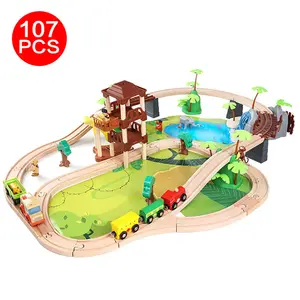 COMMIKI Children's Wooden 107 Pieces From The Forest Sound Track Forest Animal Scene Simulation Small Train Educational Toy